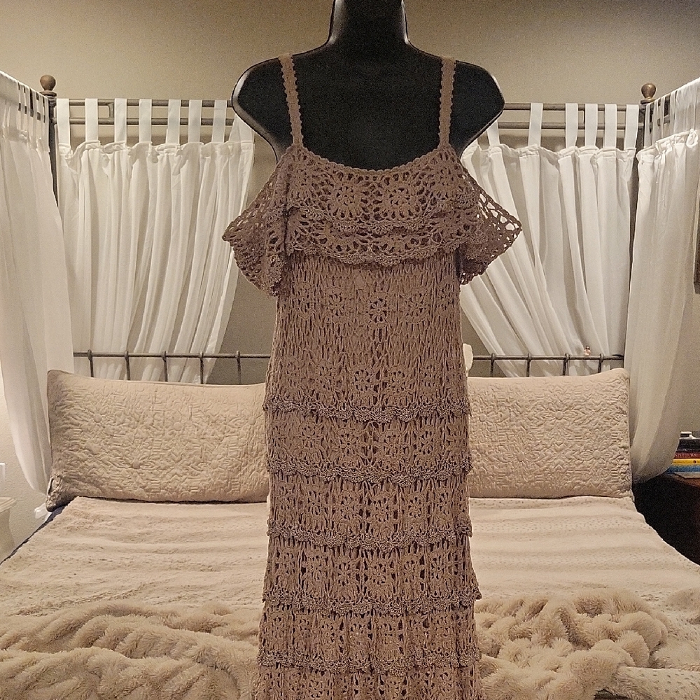 Boston Proper Crochet Ruffled Tiered Maxi Dress - Taupe